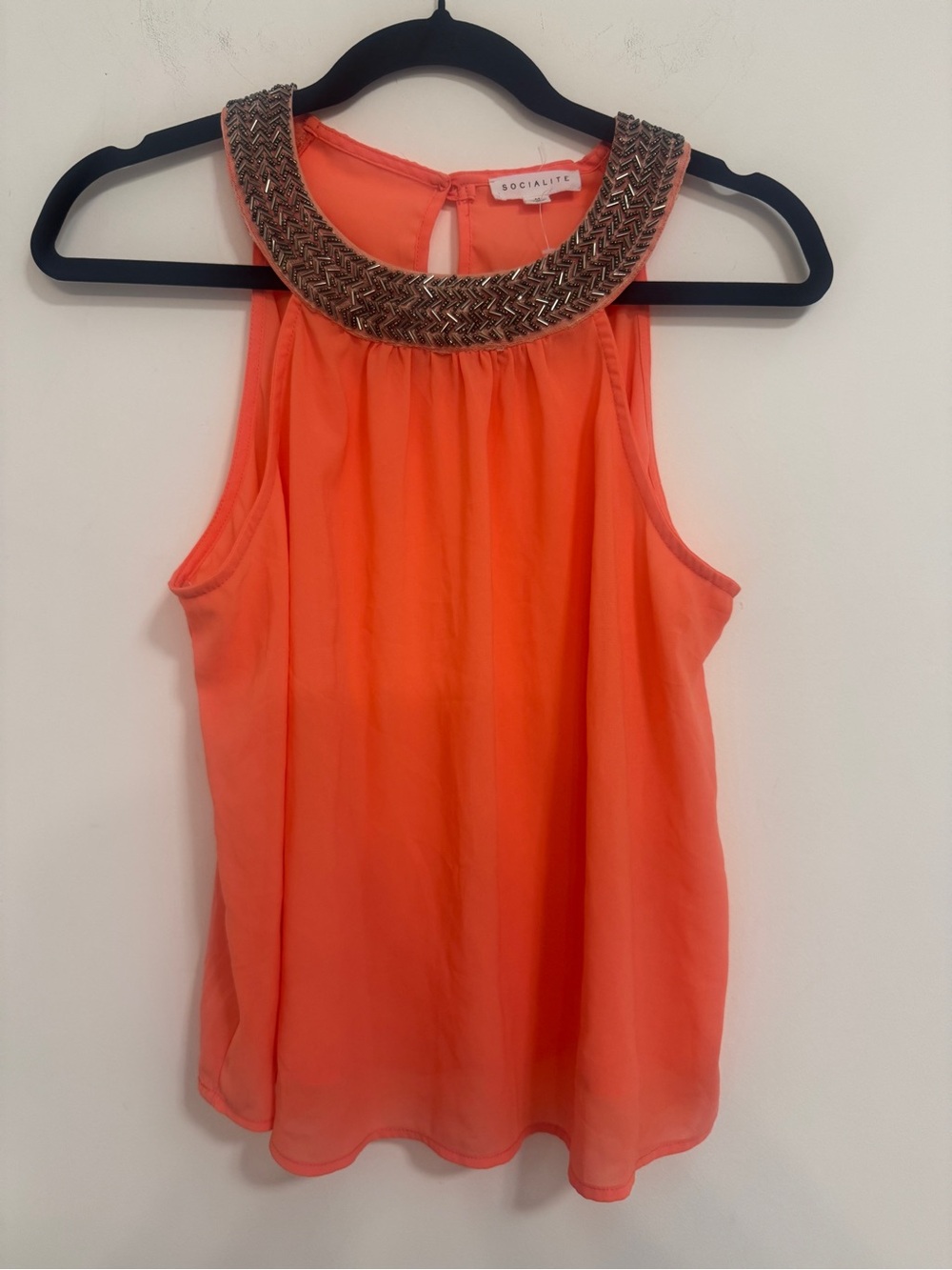 Socialite Coral-Orange Beaded Halter Tank